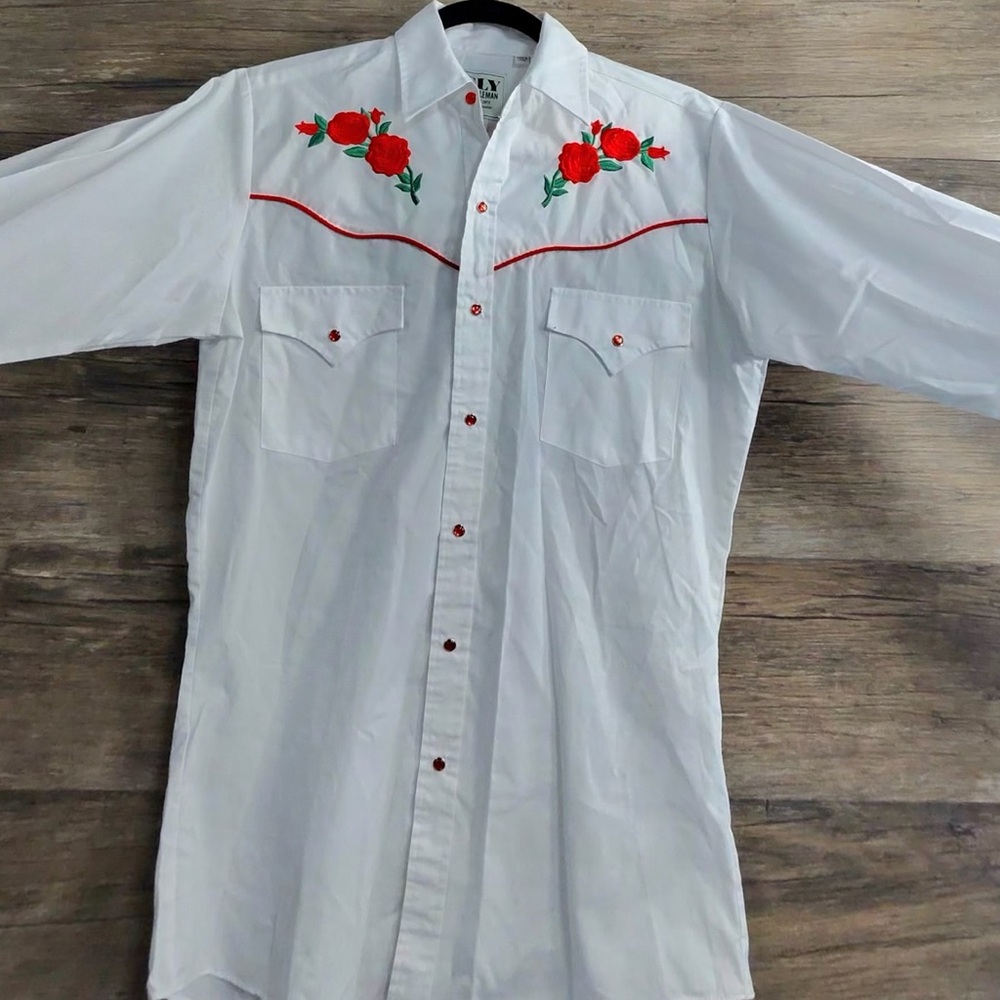 Ely Cattleman Red Pearl Snap Button White Shirt with Red Floral Embroidery
